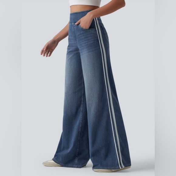 HALARA Pants - HALARA Blue Wide-Leg Pants with White Stripe